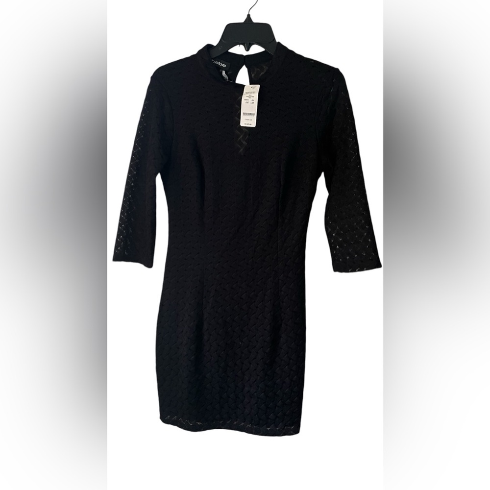 Bebe Stripe Mock Neck Dress-Black - Picture 1 of 9